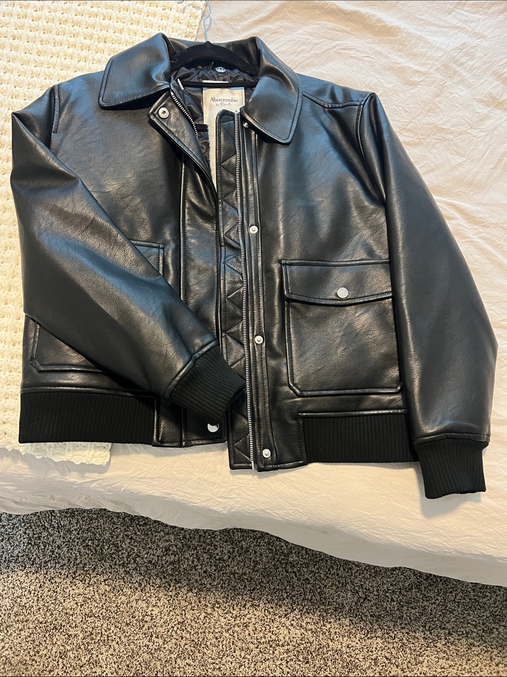 Abercrombie & Fitch Black Faux Leather Bomber Jacket with Snap Pockets